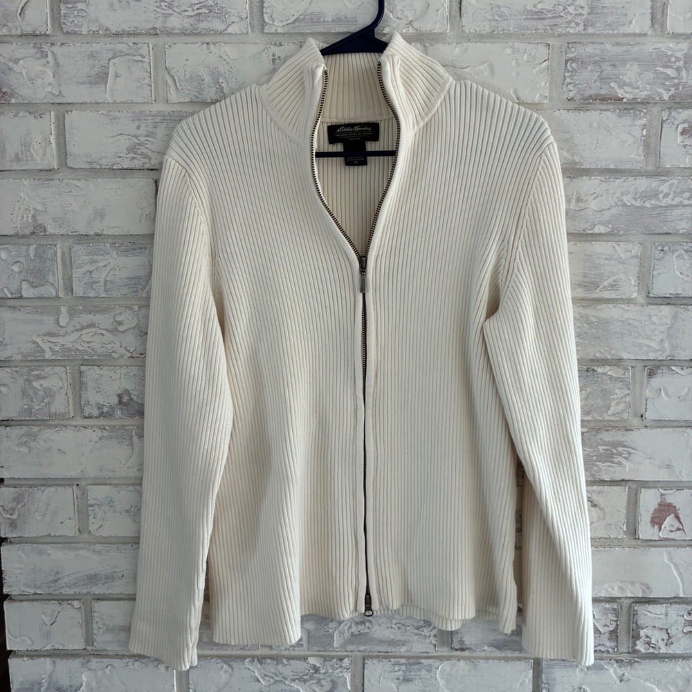 Eddie Bauer Women Ivory Pima Cotton Ribbed Full Zip Sweater Jacket XL